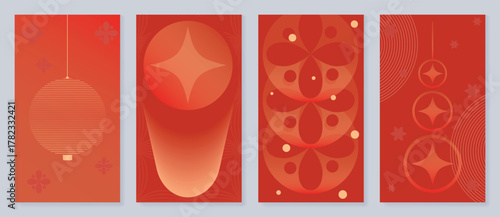 Stylized Chinese vector banner set with peach blossoms and starry red abstract gradients. Great for festive prints and envelope design