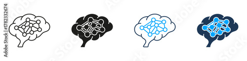 Brain Network Cloud Intelligence Line and Solid Icon Set. Neural Connections Artificial Thinking Symbol Collection. Isolated Vector Illustration
