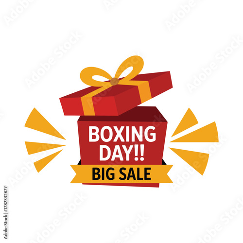 Red gift box with open lid revealing text Boxing Day Big Sale and yellow radiating lines discount promotion,