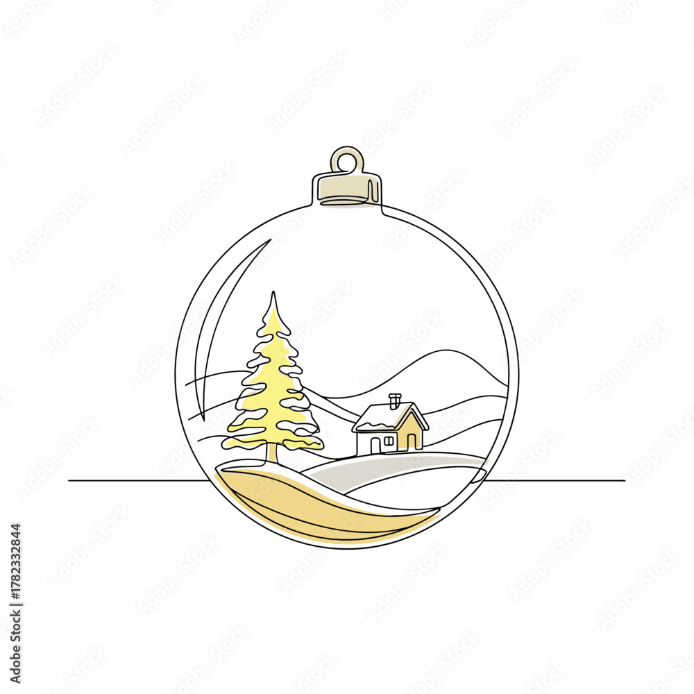 Fototapeta premium Christmas ornament featuring a snowy landscape with a cabin and tree 
