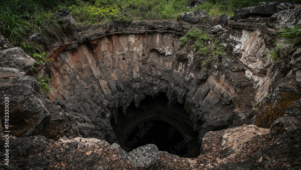 Fototapeta premium Large karst sinkhole revealing an abandoned limestone mine, erosion risk