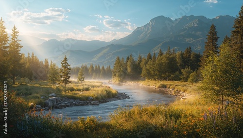 Fototapeta Naklejka Na Ścianę i Meble -  Scenic view of hills, woodland, and a flowing stream during the summer season
