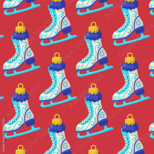 Vector seamless pattern with ice skates on red background. Winter sport design for wrapping paper, fabric, or seasonal posters.