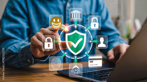 A user ensures cybersecurity and data privacy with a secure online banking network, protecting personal information, transactions, and customer trust.