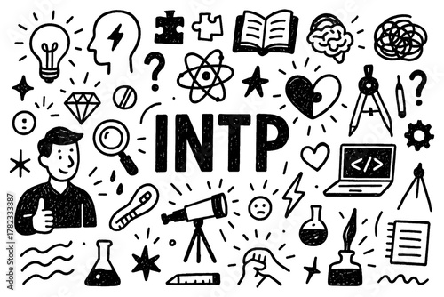 INTP personality doodle icons with logic and analytical thinking symbols in hand-drawn style, Transparent Background