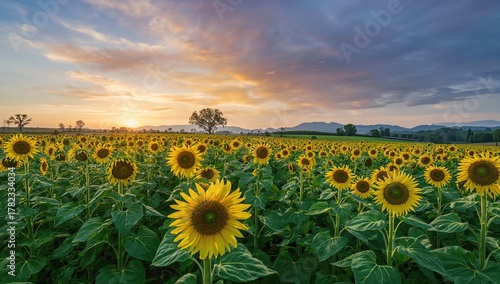 Fototapeta Naklejka Na Ścianę i Meble -  Golden sunflower meadow during twilight
