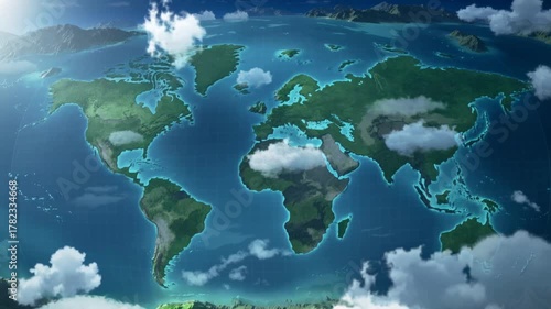 world map blended with green forest and cloudy sky global nature concept
