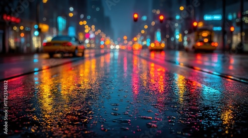 Colorful reflections on wet streets during a rainy night in the city