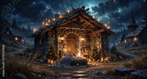cozy rustic cabin illuminated by candlelight with a person resting outside in a winter village scene.