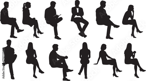 Sitting People Silhouette Vector Collection – Black Silhouettes of Men, Women & Teenagers on Chairs and Benches