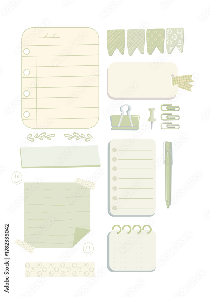 GREEN OFFICE SUPLIES POSTIT NOTEBOOK NOTE PEN TAG TAPE PAPER NOTEPAD CLIPS