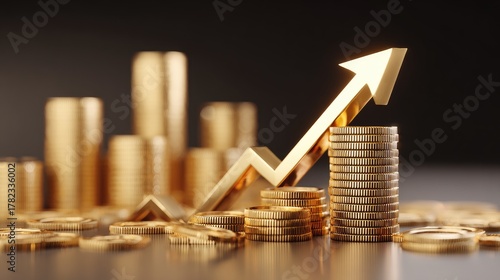 Golden Coins Stacked with Ascending Arrow Symbolizing Financial Growth, Prosperity, Investment Success, and Economic Advancement in Modern Business World