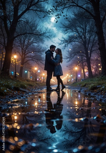 romantic couple embracing on wet city street with bokeh lights and full moon reflection
