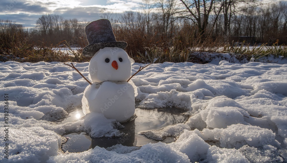 Fototapeta premium A tiny snowman melting in a sunny open area surrounded by thawing snow. Arrival of warmer days.