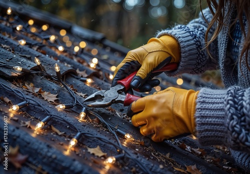 woman repairing christmas lights on a roof in autumn with pliers and wearing warm gloves.
