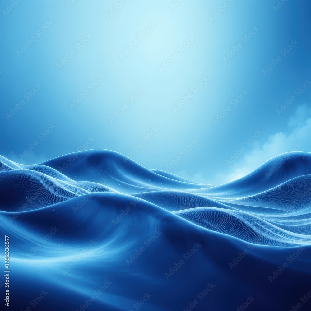 Obraz premium Abstract Digital Representation of Waves in Deep Blue Water with Gentle Light and Cloudy Sky