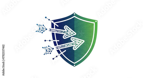Advanced Cybersecurity Breach Defense: Shield Icon Penetrated by Green Arrows Over Binary Code Circuitry for Digital Threat Protection and Data Security Solutions
