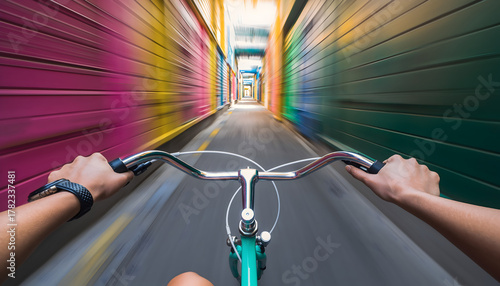 First-Person Bicycle Ride Through Colorful Alley Motion Blur