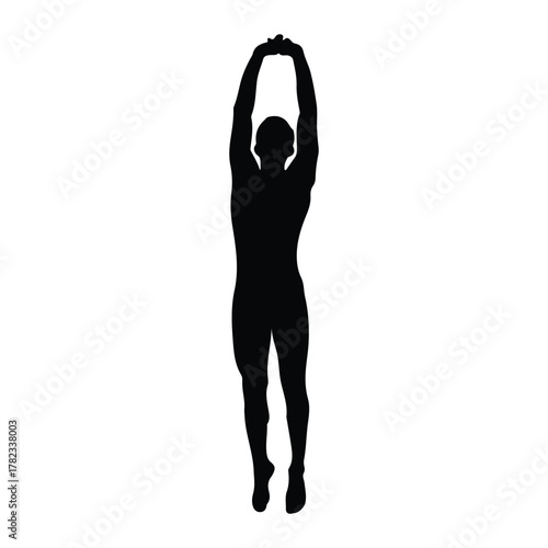 Silhouette of a man jumping with arms raised Keywords: silhouette, man, jumping, leaping, arms