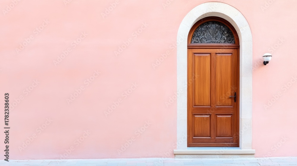 Naklejka premium Elegant brown wooden door with arched window against a light pink wall enhances minimalistic architectural beauty