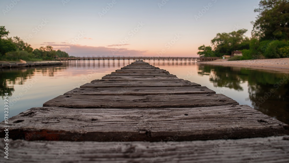 Naklejka premium Close-up of rustic wooden bridges by a serene riverbank, a peaceful evening in nature, preservation