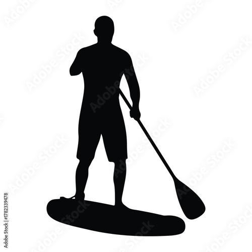 Silhouette of a man paddleboarding on white background