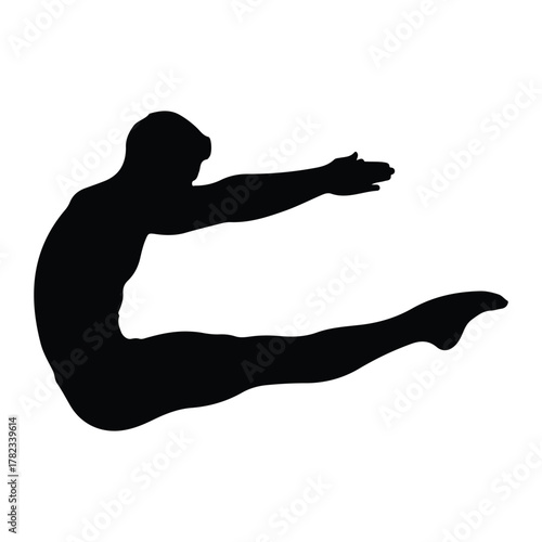 Silhouette of a man performing a gymnastic move on white background