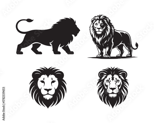 lion silhouette set, lion collection, jungle king silhouette, roaring lion, lion head vector, majestic lion design, african lion vector, powerful lion illustration