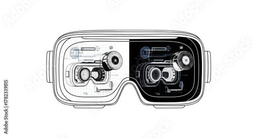 Advanced Virtual Reality Headset Blueprint Design: VR Goggles with Technical Wireframe Schematics and Engineering CAD Drawings for Immersive Metaverse Hardware Development