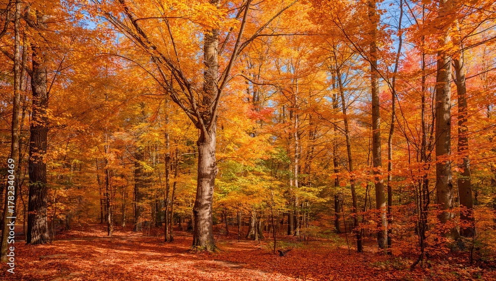 Fototapeta premium Golden trees amidst vibrant autumn leaves, showcasing seasonal change