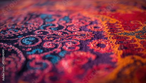 Colorful batik, sarong fabric design backdrop, close-up with shallow depth of field, suitable for editorial header background