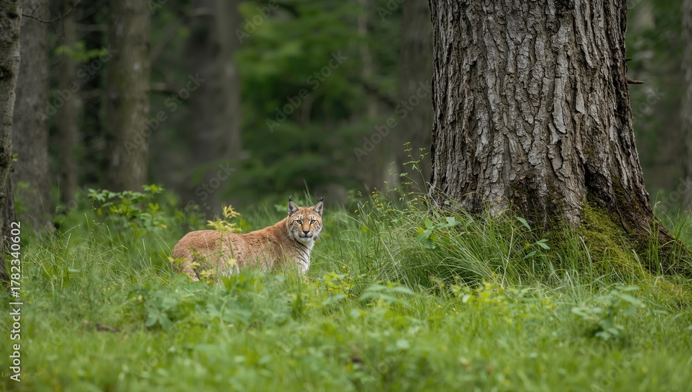 Fototapeta premium Eurasian lynx resting by a tree trunk, observing its natural habitat, wildlife behavior