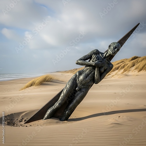 Statue on the Beach - A Striking Sculpture Against a Coastal Backdrop.