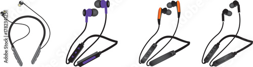 Illustration of four wireless neckband headphones