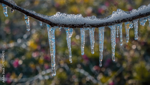 Detailed view of thawing icicles in early spring