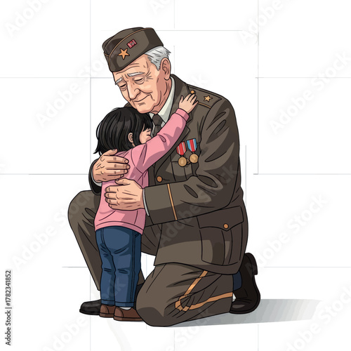 An elderly veteran in military uniform kneels to hug a young girl, showing a tender moment of intergenerational connection.
