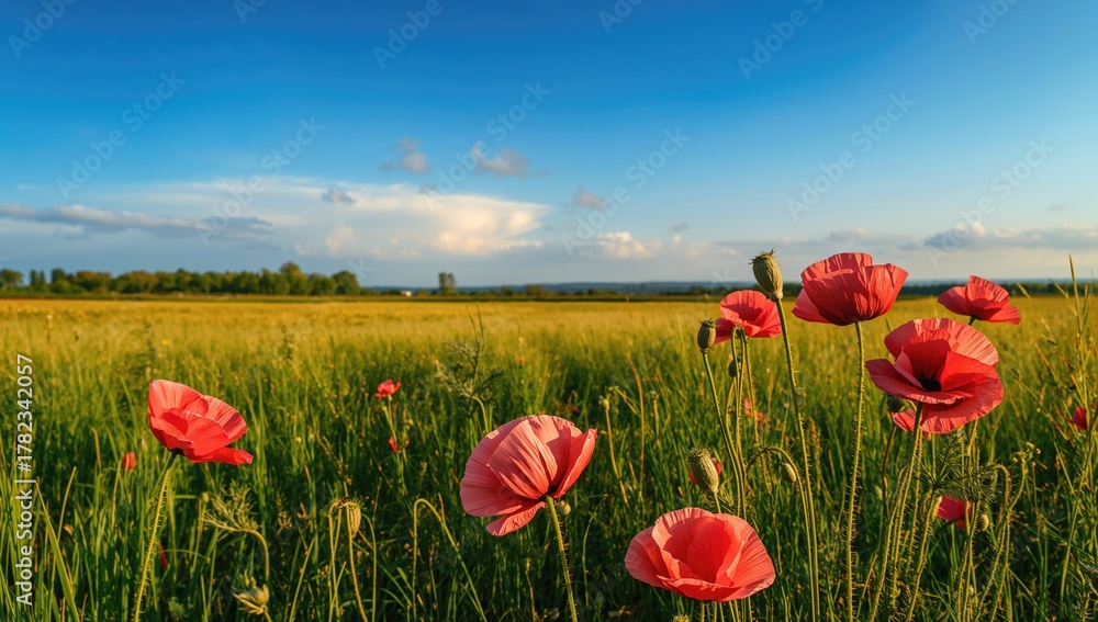 Naklejka premium A vibrant field of poppies, showcasing seasonal beauty, Earth Day
