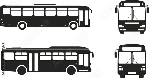 Bus vector illustration, public transport design, side view and front view, city bus graphics, black and white outline, commuter vehicle drawing, transportation icon set