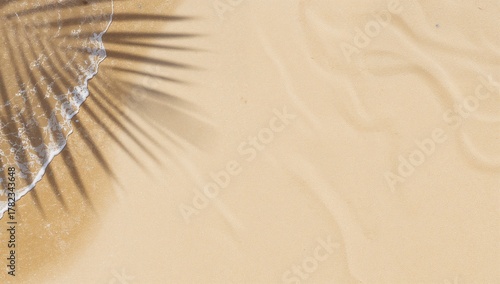 Fototapeta Naklejka Na Ścianę i Meble -  Empty abstract sandy beach with palm leaf shadow and transparent water wave from above, backdrop for travel and wellness