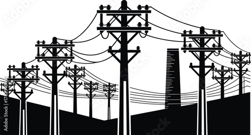 Industrial power lines, utility poles, electrical infrastructure, energy transmission, high voltage wires, urban electricity network, smokestack silhouette, hilly terrain, perspective view