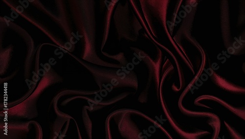 Abstract background in shades of dark black, deep red, and rich burgundy with silky satin and velvet textures. Luxurious fabric featuring elegant folds and flowing drapery lines, evoking romance and
