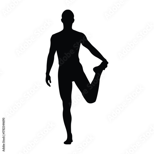 Silhouette of a man stretching his quadriceps Keywords: man, silhouette, stretching, quadriceps
