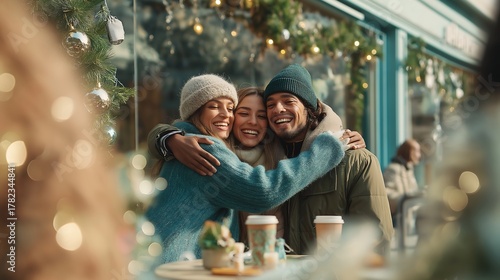 A vibrant and cozy winter scene at an outdoor caf? terrace, featuring two Latina women and one Latino man in green and blue clothing, sharing a group hug while recording a TikTok video