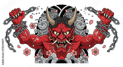 Unleash primal power breaking chains with fierce demon strength and vibrant cherry blossoms for dynamic designs