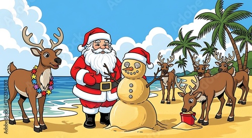 Santa Claus and Reindeer Enjoying a Tropical Christmas Vacation on the Beach.