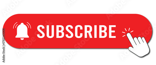 Red subscribe button with notification bell and cursor, CTA vector