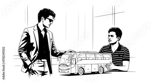 Luxury Tour Bus Presentation – Bold Black and White Vector Poster Illustration