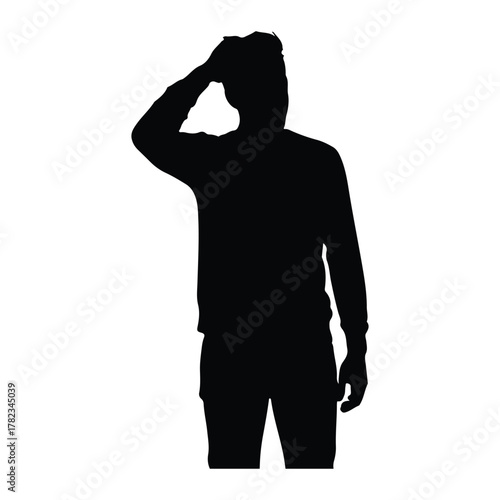 Silhouette of a man touching his head on white background