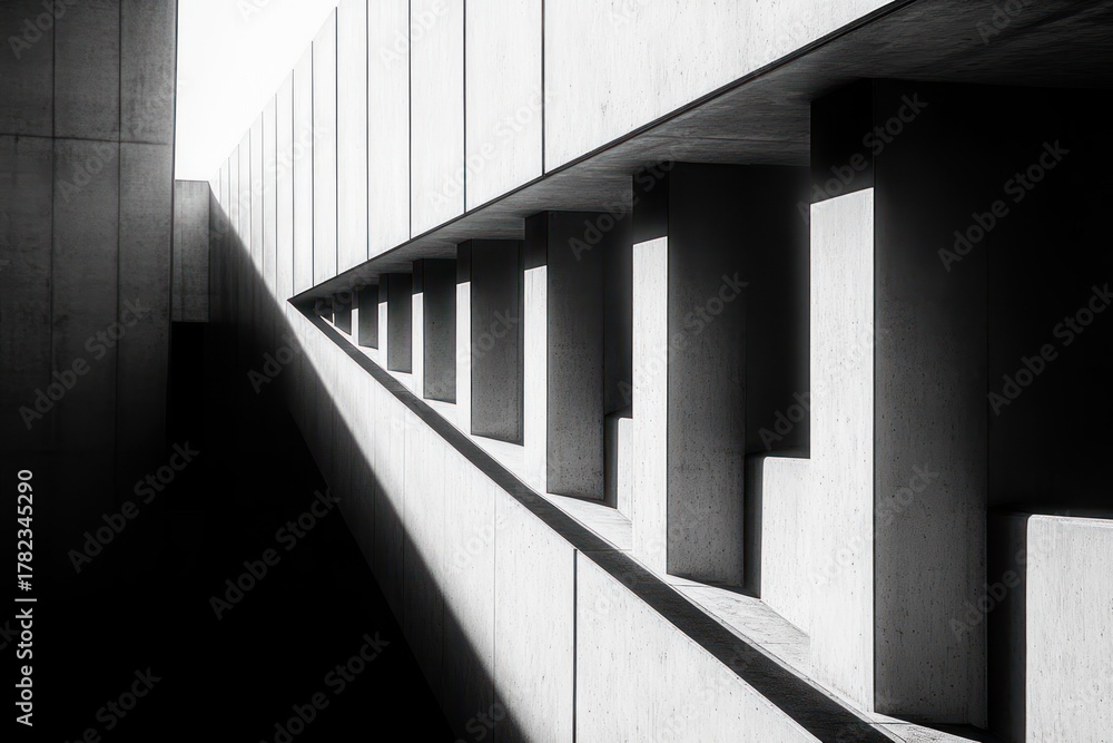 Obraz premium Monochrome architectural corridor with repeating vertical concrete columns casting strong shadows and light contrast creating geometric patterns