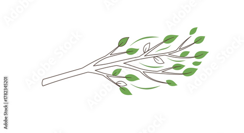 Line art illustration of a tree branch swaying in the wind, with green leaves fluttering in a strong breeze. Minimalist nature icon for weather and seasonal concepts